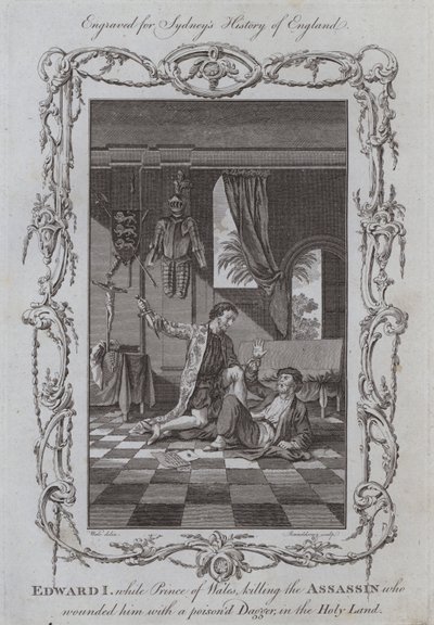 Eduardo I, enquanto o Príncipe de Gales matava o Assassino que o feriu com uma Adaga envenenada, na Terra Santa (gravura) de Samuel (after) Wale