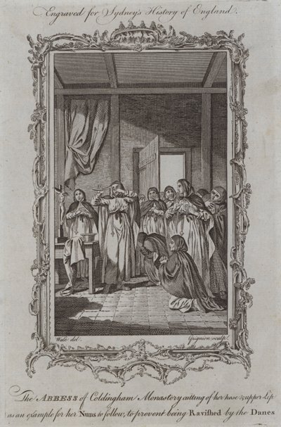 A Abadessa do Mosteiro de Coldingham corta o nariz e o lábio superior como exemplo a seguir pelas suas freiras, para evitar ser rabiscada pelos dinamarqueses (gravura) de Samuel (after) Wale