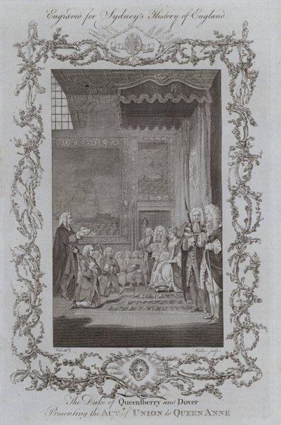 O Duque de Queensberry e Dover Apresentando o Acto de União à Rainha Ana (gravura) de Samuel (after) Wale