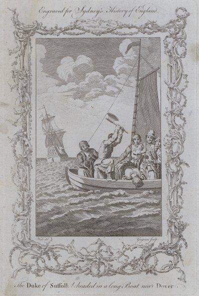 O Duque de Suffolk é decapitado num longo barco perto de Dover (gravura) de Samuel (after) Wale