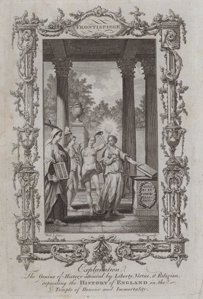 O Gênio da História atendido pela Liberdade, Virtude e Religião, depositando a História da Inglaterra no Templo de Honra e Imortalidade (gravura) de Samuel (after) Wale