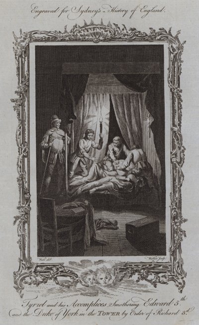Tyrrel e seus Cúmplices Asfixiando Edward V e o Duque de York na Torre por Ordem de Ricardo III (gravura) de Samuel (after) Wale