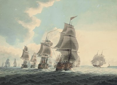 Uma esquadra da Marinha Real a correr pelo Canal (lápis, caneta, tinta preta e aguarela sobre papel) de Samuel (attr. to) Atkins
