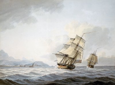 Os navios "Resolution" e "Discovery" ao largo da costa do Taiti, durante a terceira viagem (1776-1780) do capitão James Cook (1728-1779) de Samuel Atkins