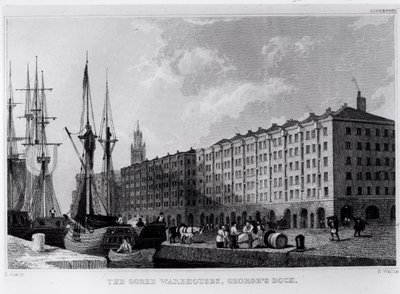 O armazém de Goree, doca de George, Liverpool, gravado por H. Wallis, c.1830 de Samuel Austin