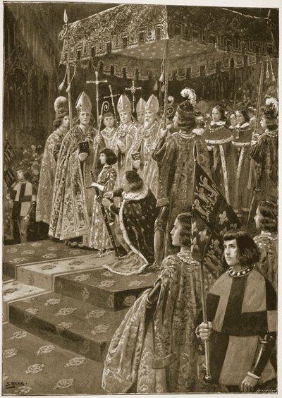 A apresentação das esporas e da espada na coroação de Henrique VI no dia de St. Leonard, 6 de novembro de 1429, de "The Illustrated London News", 1902 de Samuel Begg