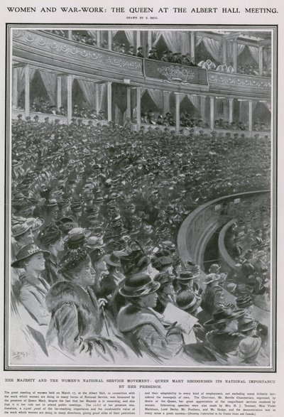 Mulheres e trabalho de guerra: a rainha na reunião do Albert Hall de Samuel Begg