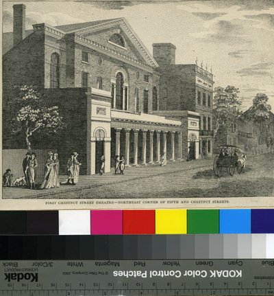 First Chestnut Street Theatre, Northeast Corner of Fifth and Chestnut Streets, c.1820 (xilogravura) de Samuel Castner