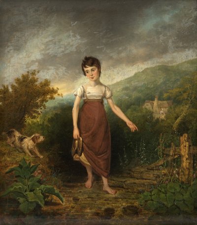 A Girl Crossing a Stream (óleo sobre painel) de Samuel Colman