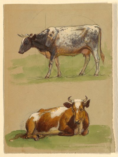 Desenho, Gado, uma vaca a andar e uma vaca agachada, 1875-80 de Samuel Colman