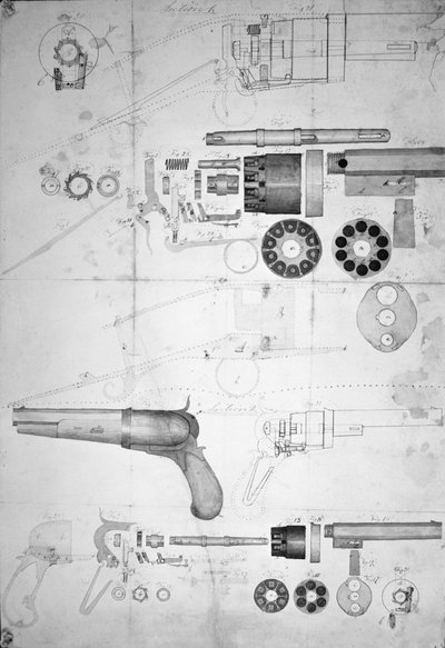 Planos originais para um revólver de dez câmaras que mais tarde se tornou o revólver de seis câmaras patenteado em 1836, c.1830 (caneta e tinta sobre papel) de Samuel Colt