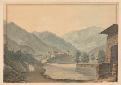 Cena montanhosa com edifícios e rio de Samuel Davis