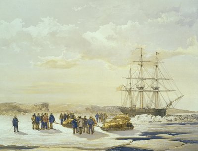 Sledge party deixando o HMS Investigator em Mercy Bay, em 15 de abril de 1853, gravado por E. Walker, publicado por Ackermann und Co., 1854 de Samuel Gurney Cresswell