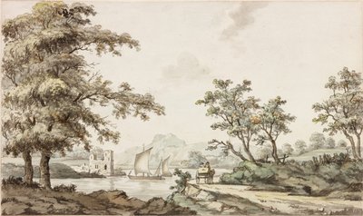 Um rio com barcos à vela e um cavalo e carrinho (tinta (preto) e aquarela sobre papel) de Samuel Henry Alken