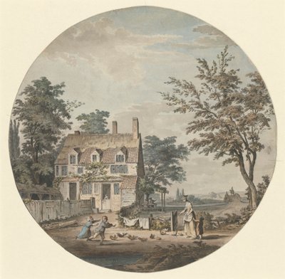 Paisagem com casa de campo, ponte e figuras de Samuel Hieronymus Grimm