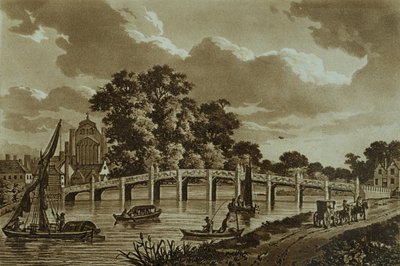 Ponte da corte de Hampton, ilustração "das vistas pitorescas do rio Tamisa", bar. 1799 (gravura, aquatinta) de Samuel Ireland
