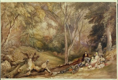 Uma Festa de Esboço em Leigh Woods, c.1830 (lápis, aguarela e corpóreos sobre papel) de Samuel Jackson
