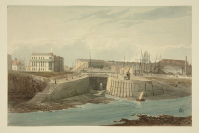 Entrada para a Bacia de Bathurst a partir do New Cut, c.1825 (caneta e tinta com aguarela sobre papel) de Samuel Jackson