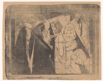 Fantasia: várias figuras, a segunda da esquerda uma mulher com o rosto salpicado de perfil à direita de Samuel Jessurun de Mesquita (signed by artist)