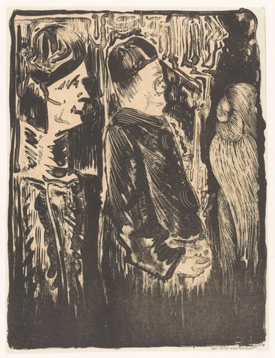 Fantasia: duas figuras à esquerda com capotas à direita, à direita uma aparição incisa com plumagem de Samuel Jessurun de Mesquita (signed by artist)