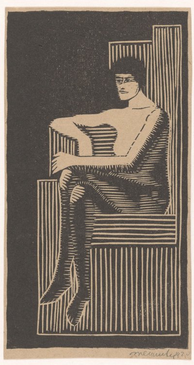 Sentado nu em cadeira geométrica de Samuel Jessurun de Mesquita (signed by artist)