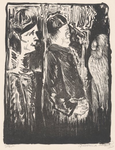 Fantasia: à esquerda duas figuras com chapéus à direita, à direita uma aparência arranhada com plumagem de Samuel Jessurun de Mesquita