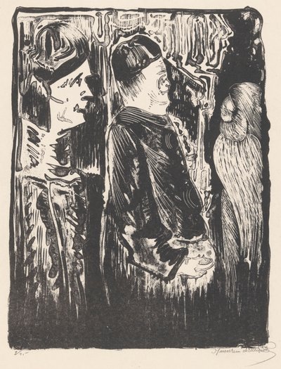 Fantasia: à esquerda duas figuras com chapéus à direita, à direita uma aparência arranhada com plumagem de Samuel Jessurun de Mesquita