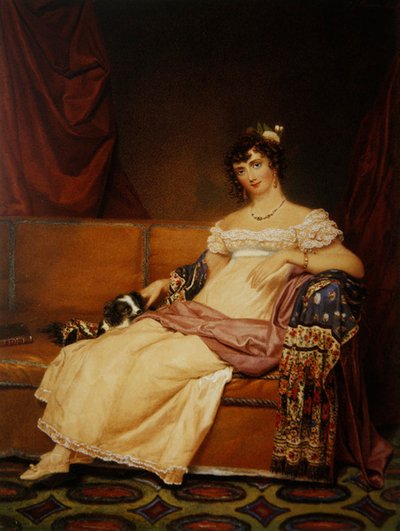 Lady Waterhouse sentada num sofá com o seu spaniel (aguarela sobre papel) de Samuel John Stump