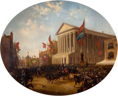 O Duque de Cambridge deixando a Câmara Municipal, Birmingham, 1857. de Samuel Lines