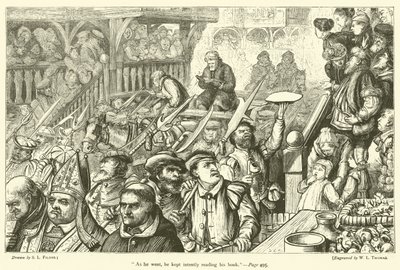 Enquanto ele ia, ele continuou lendo atentamente seu livro de Samuel Luke Fildes