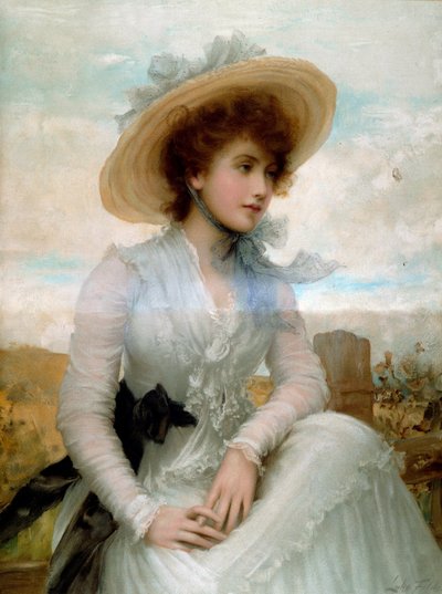 Retrato de uma jovem mulher com um chapéu de palha Impressão de Samuel Luke Fildes (1843-1927) Paris do século XIX, Artes Decorativas de Samuel Luke Fildes