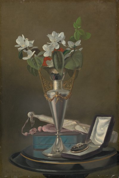 Natureza morta com leque e pingente, c. 18651875. de Samuel Marsdon Brookes