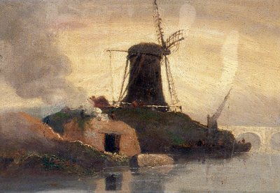 Moinho de vento e forno de tijolo na margem do rio (óleo sobre painel) de Samuel Owen
