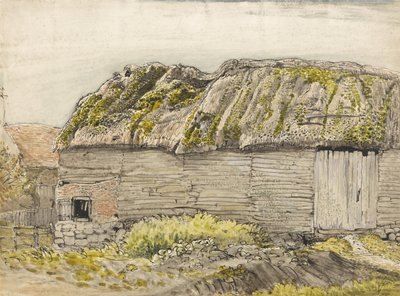 Um celeiro com telhado coberto de musgo, Shoreham (aquarela com lavagem marrom, tinta, guache e lápis sobre papel) de Samuel Palmer