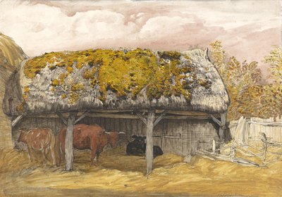 A Cow Lodge com um telhado musgoso, c.1829 (caneta e tinta com aquarela e guache no papel) de Samuel Palmer