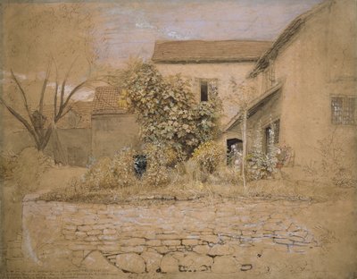Uma casa e jardim em Tintern, 1835 (caneta e tinta, wc e bodycolour sobre grafite e giz preto sobre papel cor-de-rosa) de Samuel Palmer