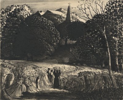 Milharal e Igreja ao Luar (pincel e tinta preta no papel) de Samuel Palmer
