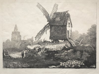 Uma série de edifícios antigos e casas rurais no norte da Inglaterra: em Crowland, moinho de vento de Samuel Prout