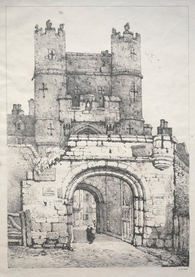 Uma série de edifícios antigos e casas rurais no norte da Inglaterra: em York, portão medieval de Samuel Prout