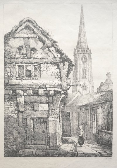 Uma série de edifícios antigos e casas rurais no norte da Inglaterra: em York, rua ao lado da parede do claustro de Samuel Prout