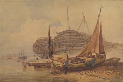 Cena costeira com barcos encalhados em primeiro plano, início de meados do século XIX. de Samuel Prout