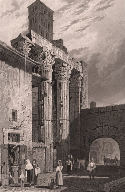 Colunas do Templo de Marte Ultor, Roma, Lácio, Itália, gravura em aço de Samuel Prout (1783-1852) desenho, cerca de 15x115 cm de Samuel Prout