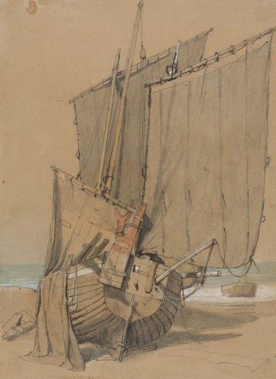 Barcos de Pesca na Praia com Secagem de Velas de Samuel Prout