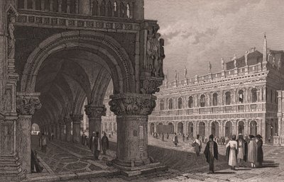Previsão da arcada do Palácio Doge (Palazzo Ducale) com vista para a Praça de São Marcos e Palácio da Biblioteca, Veneza, Veneto, Itália, gravura em aço após desenho de Samuel Prout (1783-1852), cerca de 15x11,5 cm de Samuel Prout