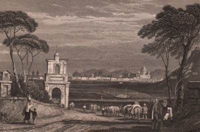 Roma com a cúpula da Basílica de São Pedro à direita, Lácio, Itália, gravura em metal aço a partir de desenho de Samuel Prout (1783-1852), ca. 15x115 cm de Samuel Prout