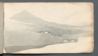 Caderno de desenho: Paisagem montanhosa com ponte, 1814. de Samuel Prout