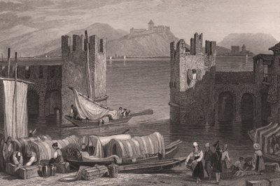 Vista do castelo de Angera em Arona, Lago Maggiore, Piemonte, Itália, gravura de aço de desenho de Samuel Prout (1783-1852), cerca de 16x11 cm de Samuel Prout