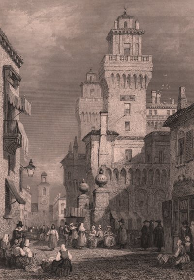 Vista de Castello Estense, Ferrara, Emilia-Romagna, Itália, gravura em metal aço de John Godfrey (ca. 1817-1889) após desenho de Samuel Prout (1783-1852), ca. 26x17 cm, publicada por Blackie and Son de Samuel Prout