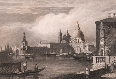 Vista do Grande Canal (Canal Grande) com Punta della Dogana e Basílica de Santa Maria della Salute em fundo, Veneza, Veneto, Itália, gravura em aço após desenho de Samuel Prout (1783-1852), cerca de 15x11,5 cm de Samuel Prout