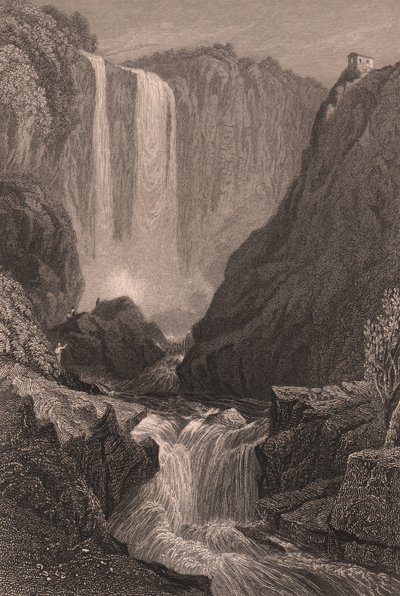 Vista das Cascatas de Marmore (Cascata delle Marmore) perto de Terni, Úmbria, Itália, gravura em metal aço segundo desenho de Samuel Prout (1783-1852), cerca de 15x11,5 cm de Samuel Prout